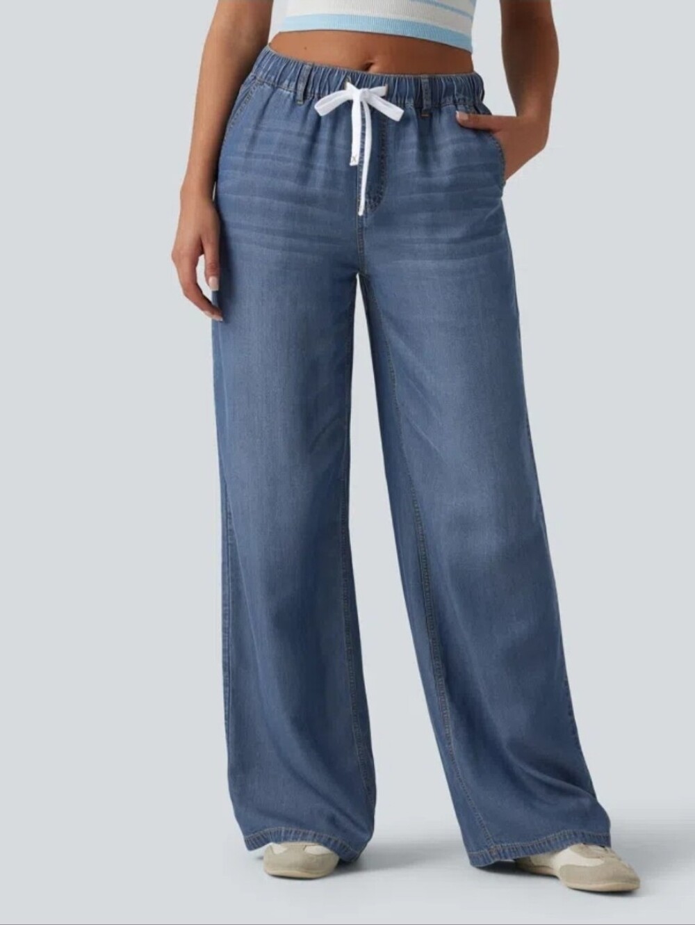 Halara Mid Rise Drawstring Casual Jeans with Pockets - Tide Blue Denim